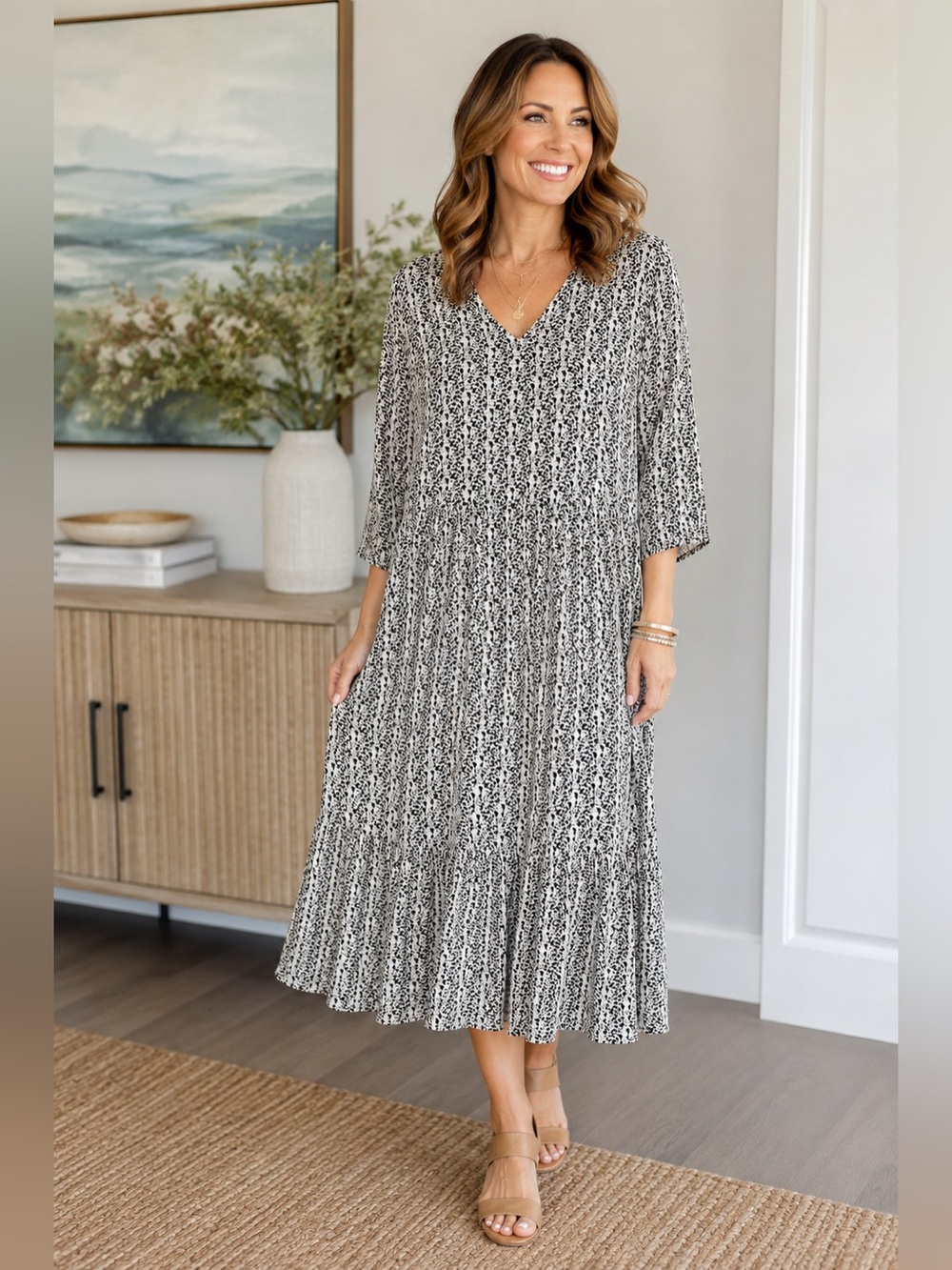 Cal Style Black Cream Crinkle Midi Dress 2X V Neck 3/4 Sleeve Rayon
